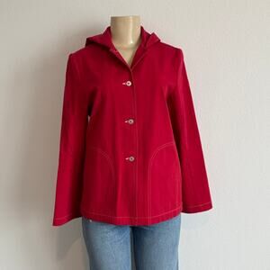 Margaret O'Leary Red Hooded Rain Jacket White Top Stitching Size P